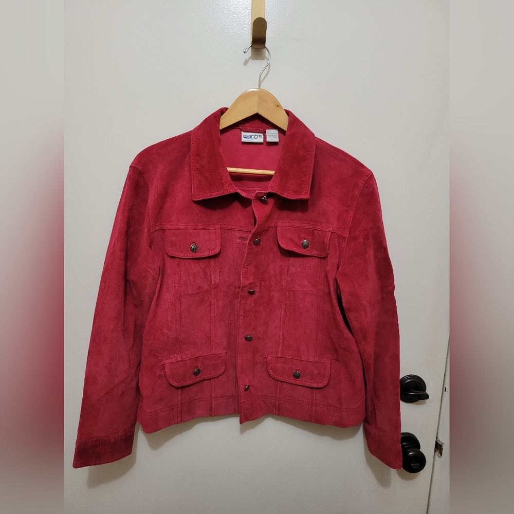 Chico's Women's Deep Red Suede Jacket - Size 2 in Chico Sizing.
